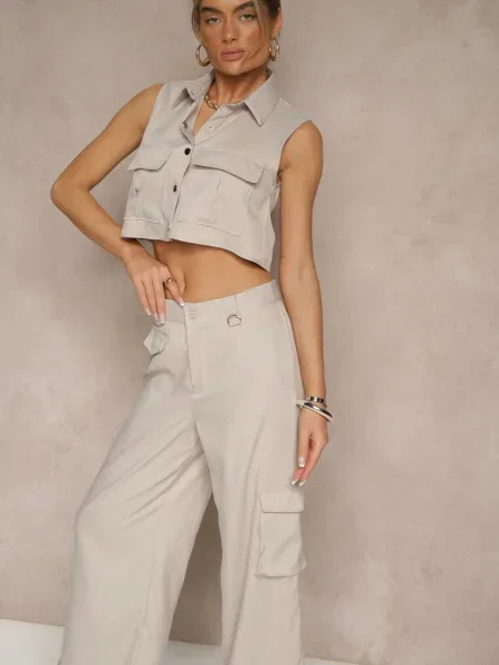 Set deschis Vestă tip cămașă și Pantaloni cu croială largă stil cargo bej