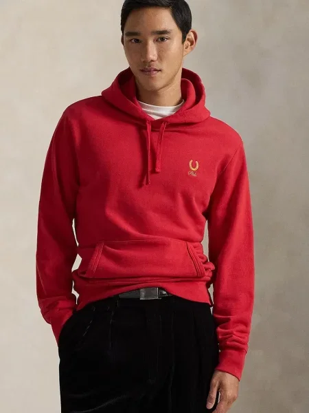 Bombažen pulover Polo Ralph Lauren s kapuco rdeča