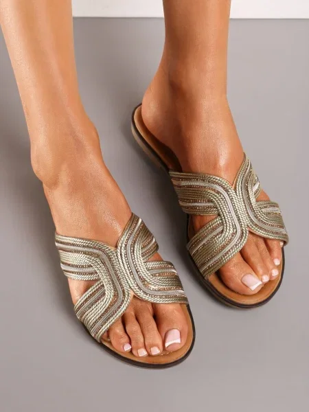 Șlapi Împletite cu Pietre Strass Auioma aurii