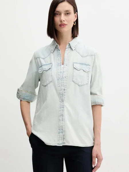 Дънкова риза United Colors of Benetton дамска със стандартна кройка с класическа яка синьо