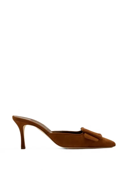 Papuci tip mules Manolo Blahnik din piele de căprioară cu cataramă maro