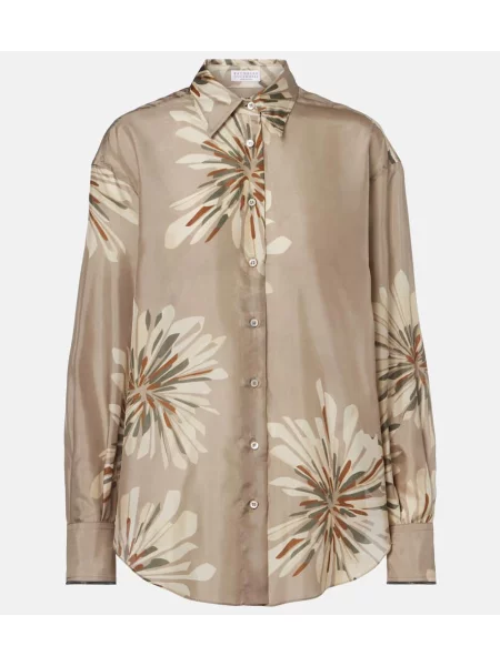 Cămașă Brunello Cucinelli de mătase cu model floral verde