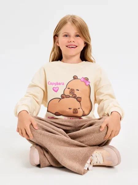 Sinsay Mikina s kulatým výstřihem s potiskem Capybara krémová