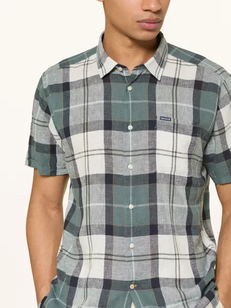 Barbour Košile S Krátkým Rukávem Croft Relaxed Fit S Lnem petrolejová / světle / tmavě modrá šedá