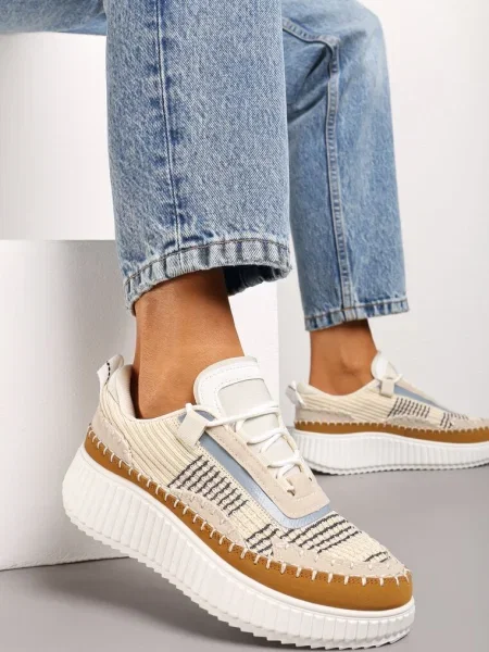 Sneakerși Casual cu Șireturi pe Talpă Groasă Imprimeu Aniata bej