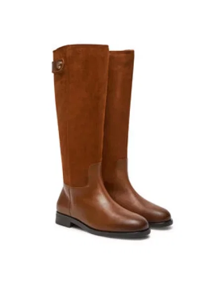 Tommy Hilfiger Kozačky ve vojenském stylu Th Stud Leather Mix Long Boot hnědá