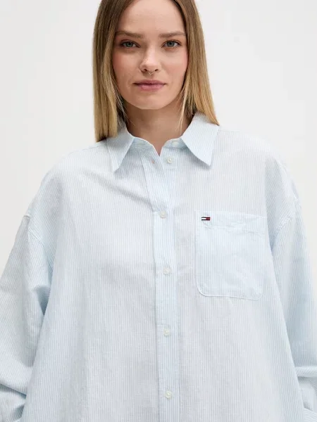 Tommy Jeans sukienka koszulowa z lnem niebieska