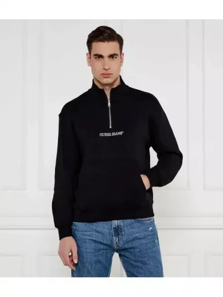 Guess Jeans Pulóver HALF ZIP fekete