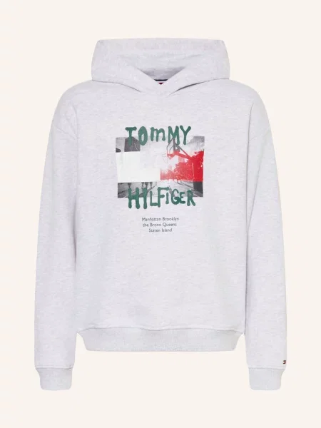 Tommy Hilfiger Mikina S Kapucí světle šedá / červená / tmavě zelená černá