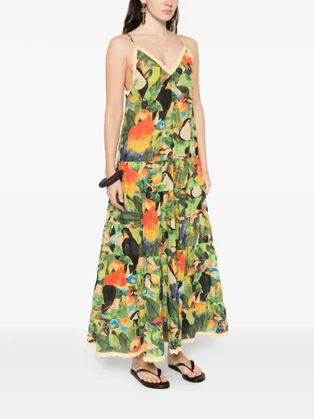 Rochie maxi Farm Rio cu volane de costum verde