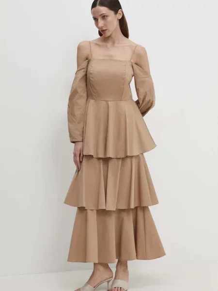 Answear Lab sukienka maxi rozkloszowana beżowy