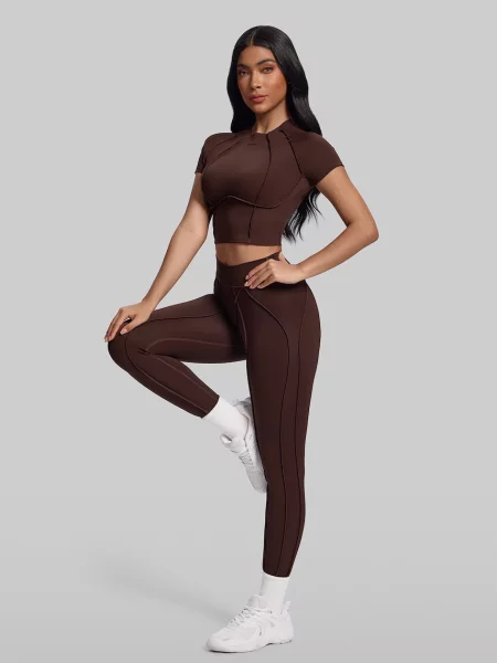 BetterMe legginsy sportowe Contour Stitch brązowe