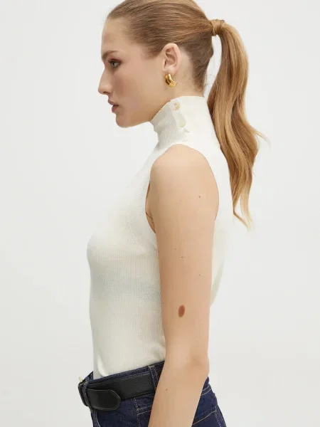 Вълнен елек BOSS от лека материя с ниско поло бежово