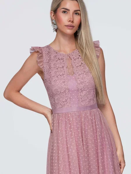 Rochie midi Edoti cu buline plasă de plasă roz