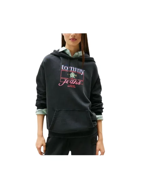 Tommy Jeans bluza z kapturem z nadrukiem czarny