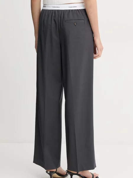 Vlněné kalhoty Calvin Klein jednoduché high waist šedá