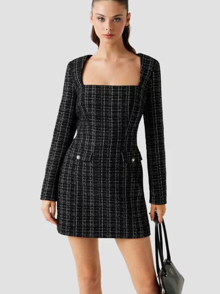 Картата твідова сукня Guess чорна