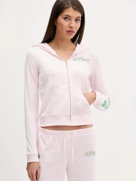 Juicy Couture bluză din velur Angel cu glugă cu imprimeu roz