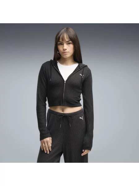 PUMA rozpinana bluza z kapturem Essentials Ribbed o wÄ…skim kroju OdzieÅ¼ S czarny