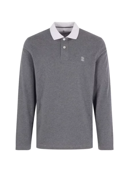 Lung tricou polo Brunello Cucinelli cu autograf gri