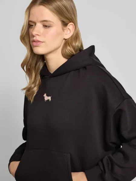 Bluza z kapturem z wyhaftowanym motywem i kieszenią kangurka Review czarna