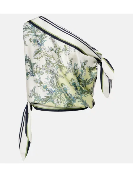 Top Veronica Beard w kwiatki z twillu na jednym ramieniu zielony
