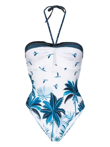 Costum de baie Farm Rio cu imagine cu imprimeu tropical cu gât halter alb