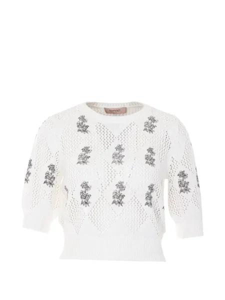 Top Twinset cu broderie cu decolteu rotund alb