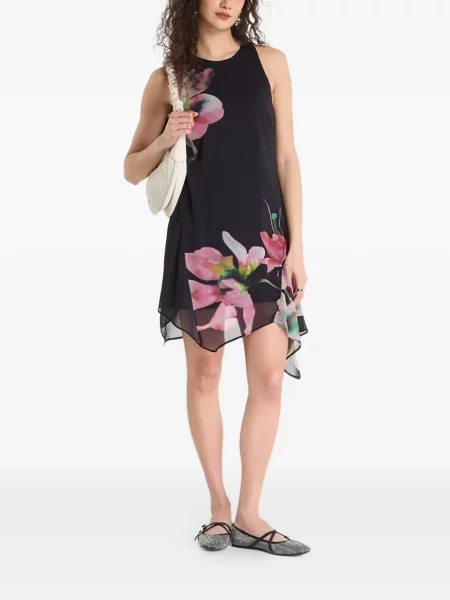 Rochie mini Desigual cu model floral cu imagine asimetrică negru