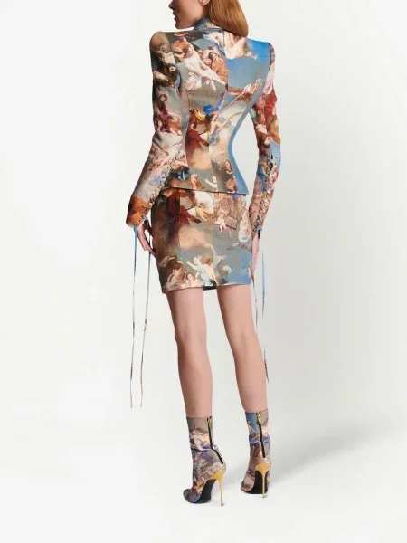 Marynarka Balmain z nadrukiem w abstrakcyjne wzory dwurzędowa niebieska