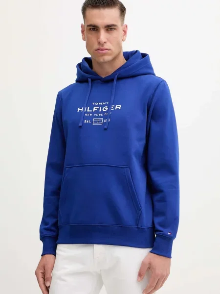 Суичър с качулка Tommy Hilfiger с качулка с принт синьо