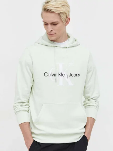 Суичър с качулка Calvin Klein Jeans с качулка с принт зелено