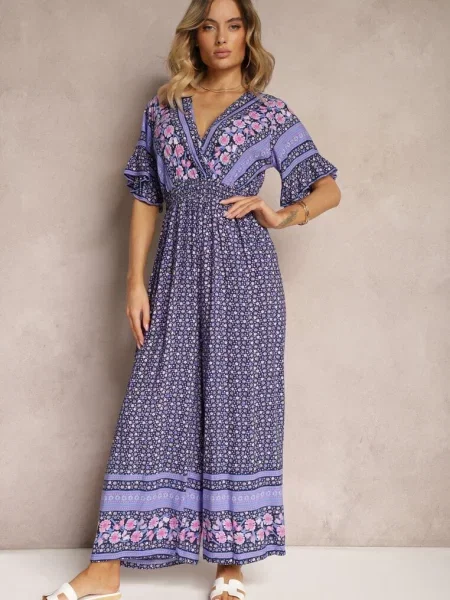 Kopertowy Kombinezon z Cienkimi Gumeczkami w Pasie Zapinany na Szyi Orithiama granatowy