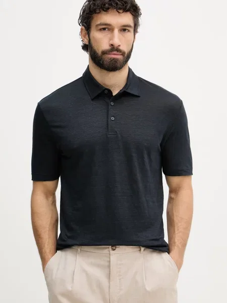 BOSS polo majica lanena BOSS X DAVID BECKHAM modra
