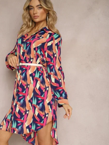 Cămașă lungă bleumarin-roz cu cu modele geometrice Lakiria roz