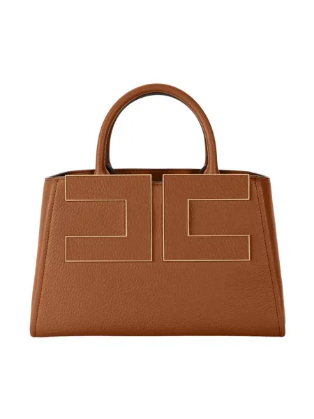 Shopperka Elisabetta Franchi skórzana z logo brązowa