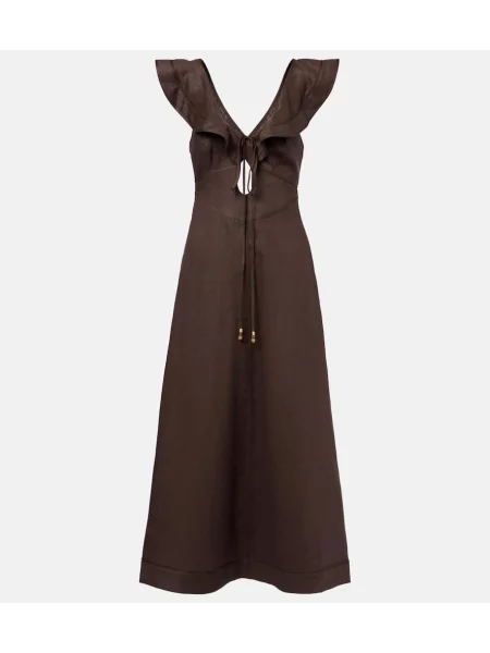 Rochie midi Zimmermann de in cu volane până la genunchi maro