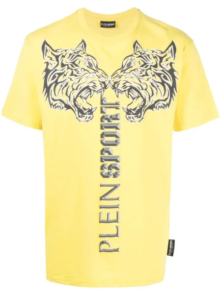 Tricou Plein Sport cu imagine cu dungi de tigru cu decolteu în U galben