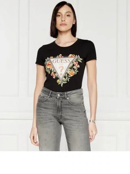 GUESS Tricou TRIANGLE FLOWERS negru