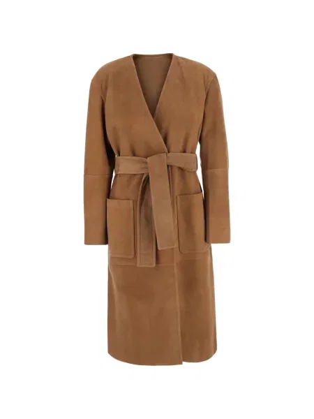 Cu centură palton Max Mara din piele de căprioară maro