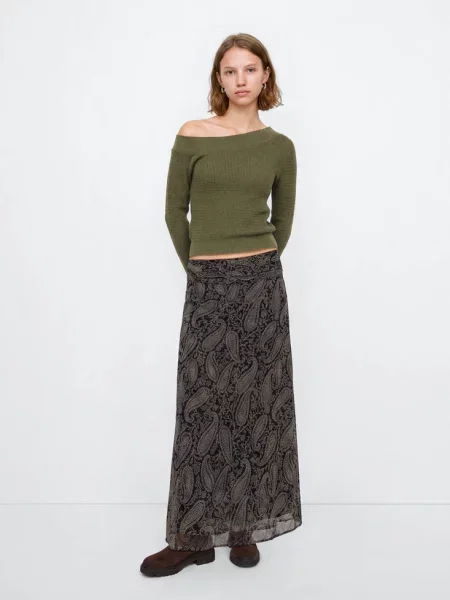 Sweter z prążkowanego materiału z asymetrycznym dekoltem khaki Teen XS MANGO TEEN