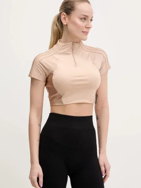 Тениска adidas Originals Zip Up Crop Top оранжево с ниско поло бежово