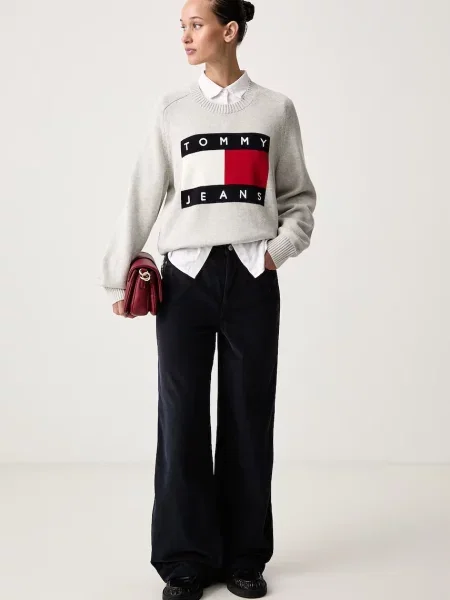 Tommy Jeans nohavice wide leg dámske menčestrové