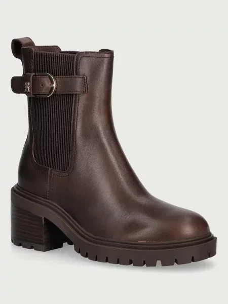 Tommy Hilfiger chelsea čižmy na dámske kožené BLOCK HEEL BUCKLED CHELSEA BOOT hnedá