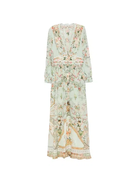 Rochie maxi Camilla cu model floral cu imagine cu decolteu în V verde