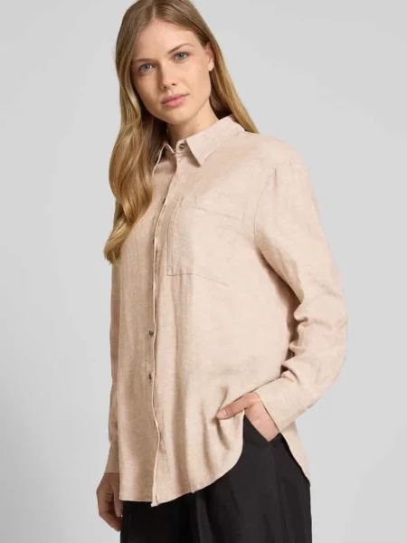 Bluzka lniana o kroju relaxed fit z kieszenią na piersi model ‘Lava’ Free/quent