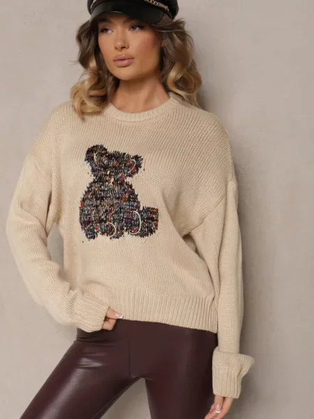 Sweter z Cekinami i Motywem Misia Nyrimi beżowy