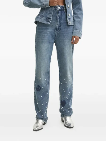 Jeansy Moschino Jeans z perełkami niebieskie