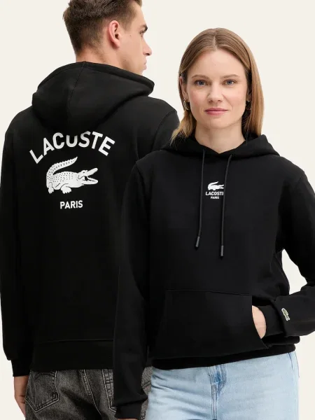 Суичър с качулка Lacoste с качулка с принт черно