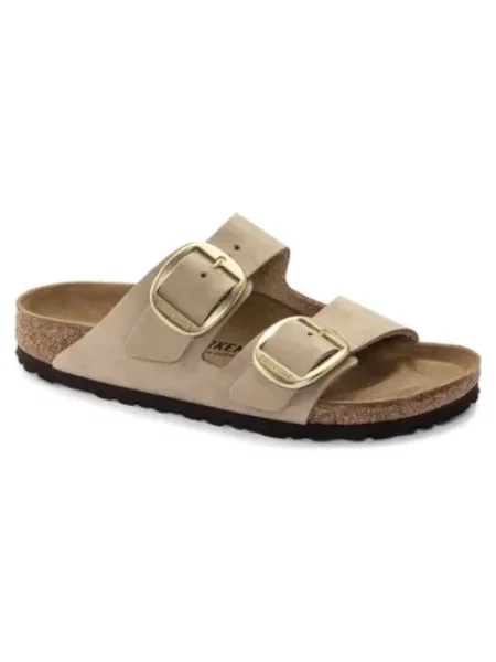 Klapki Birkenstock z nubuku na sprzączkę beżowe